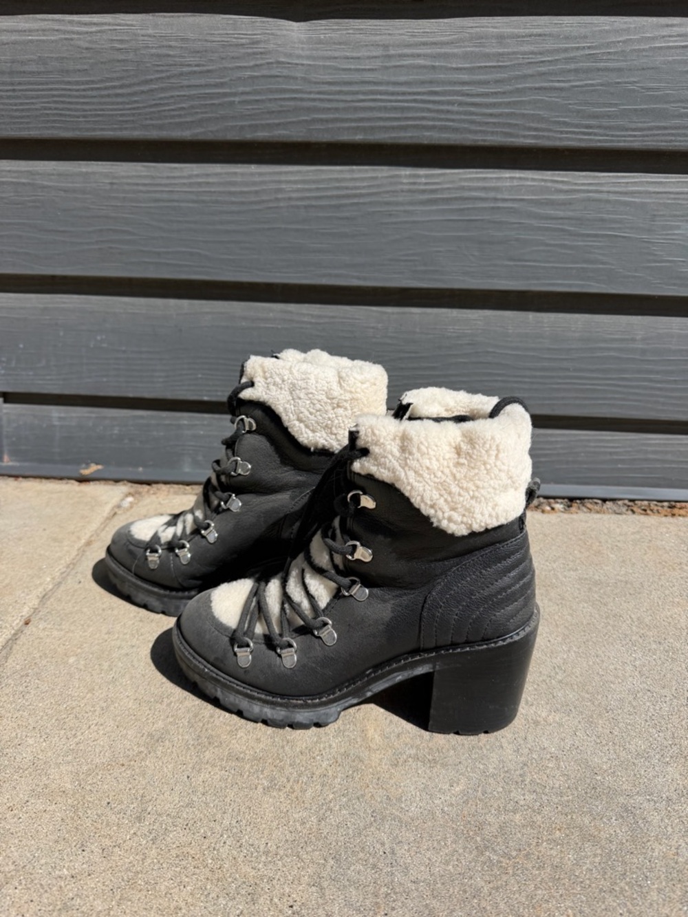 MARC FISHER SHEARLING BOOT Women's Black & Cream Sherpa-Lined Heeled Hiking Boot